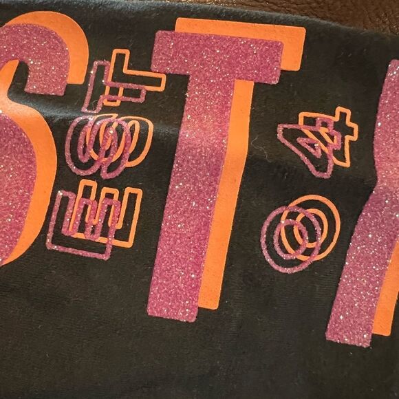 Justice (NWT) black leggings with purple & orange glitter letters size L 10/12 - Picture 8 of 8